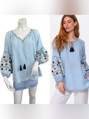 Benaras Boho Light Blue Peasant Oversized 100% Linen Embroidered Blouse Small